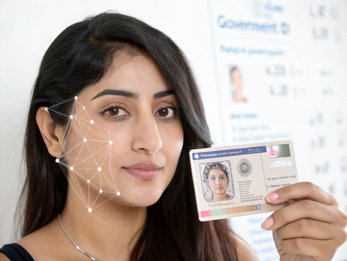 A person holding up their ID next to their face for verification, with a digital interface showing facial recognition technology at work. The background is a clean, modern design representing the Cupid's Id platform.