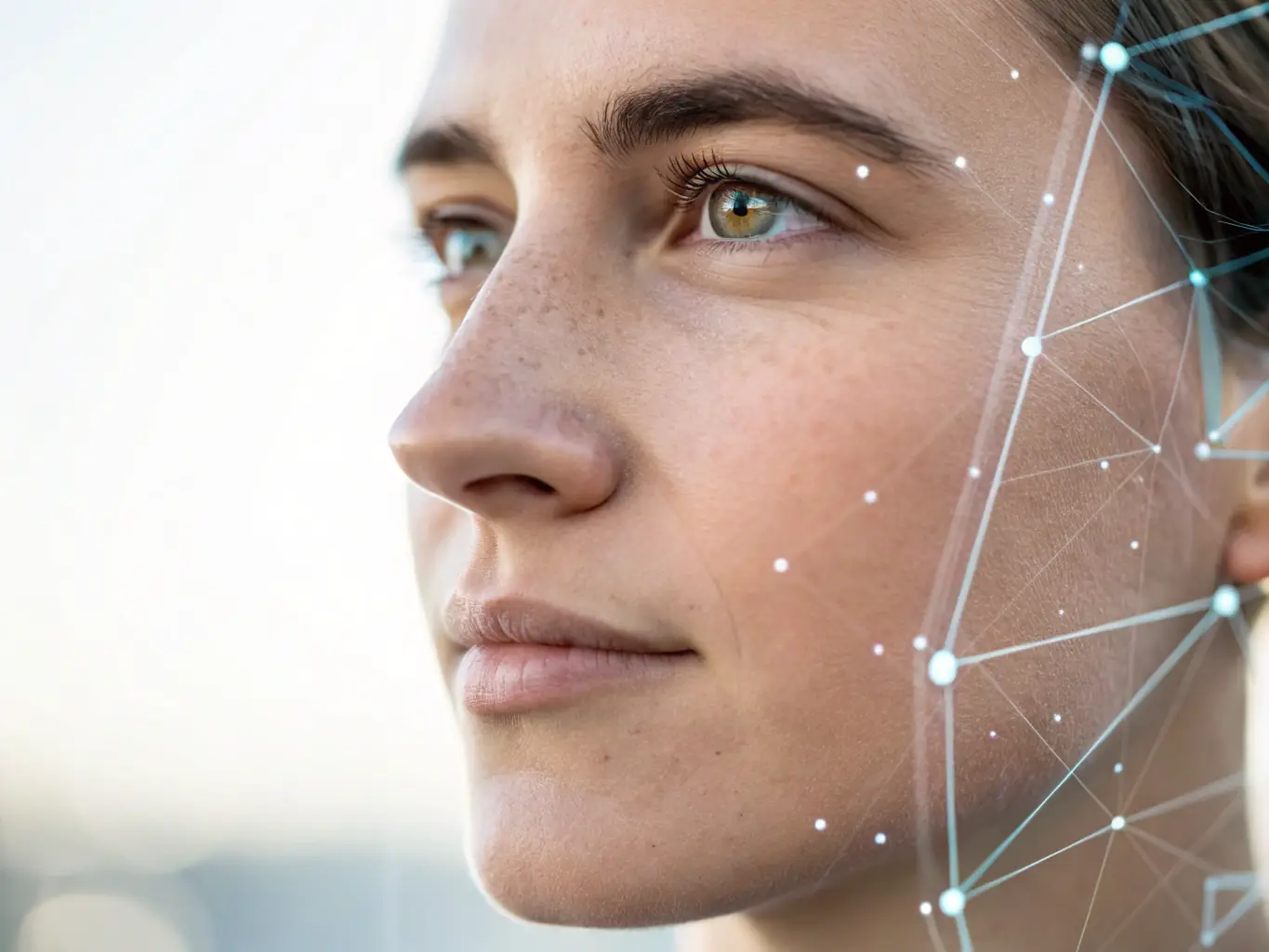 A split-screen image showing a person's face on one side and the system's facial recognition analysis on the other, highlighting key facial features being matched. The setting is a secure, tech-forward environment.