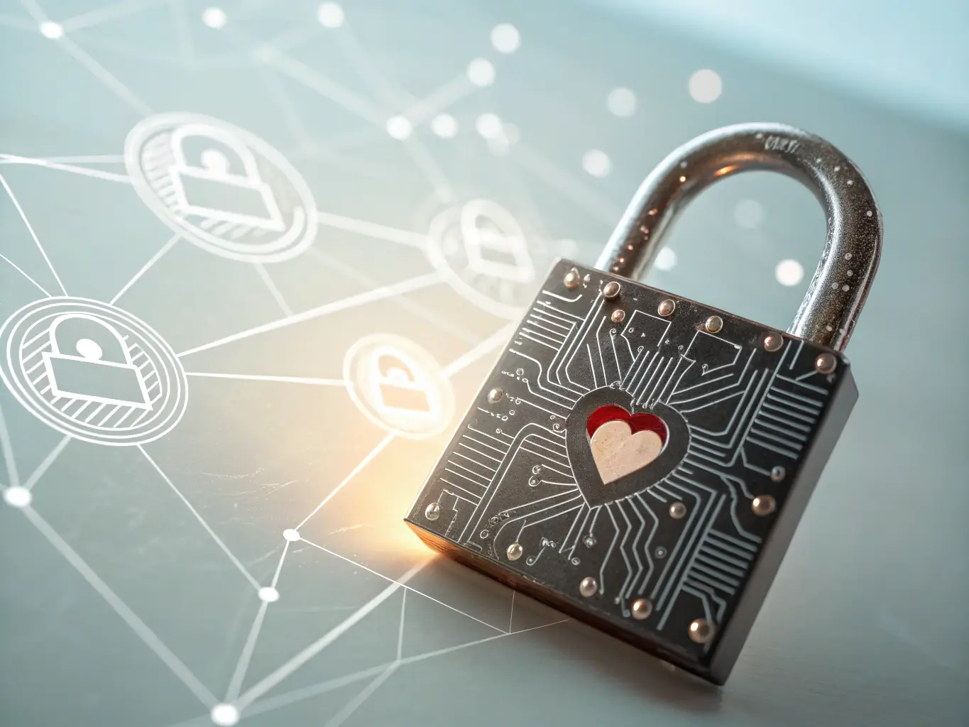 An illustration of a shield with a heart in the center, surrounded by digital locks and security icons, symbolizing a secure and protected dating environment. The color scheme is modern and trustworthy.